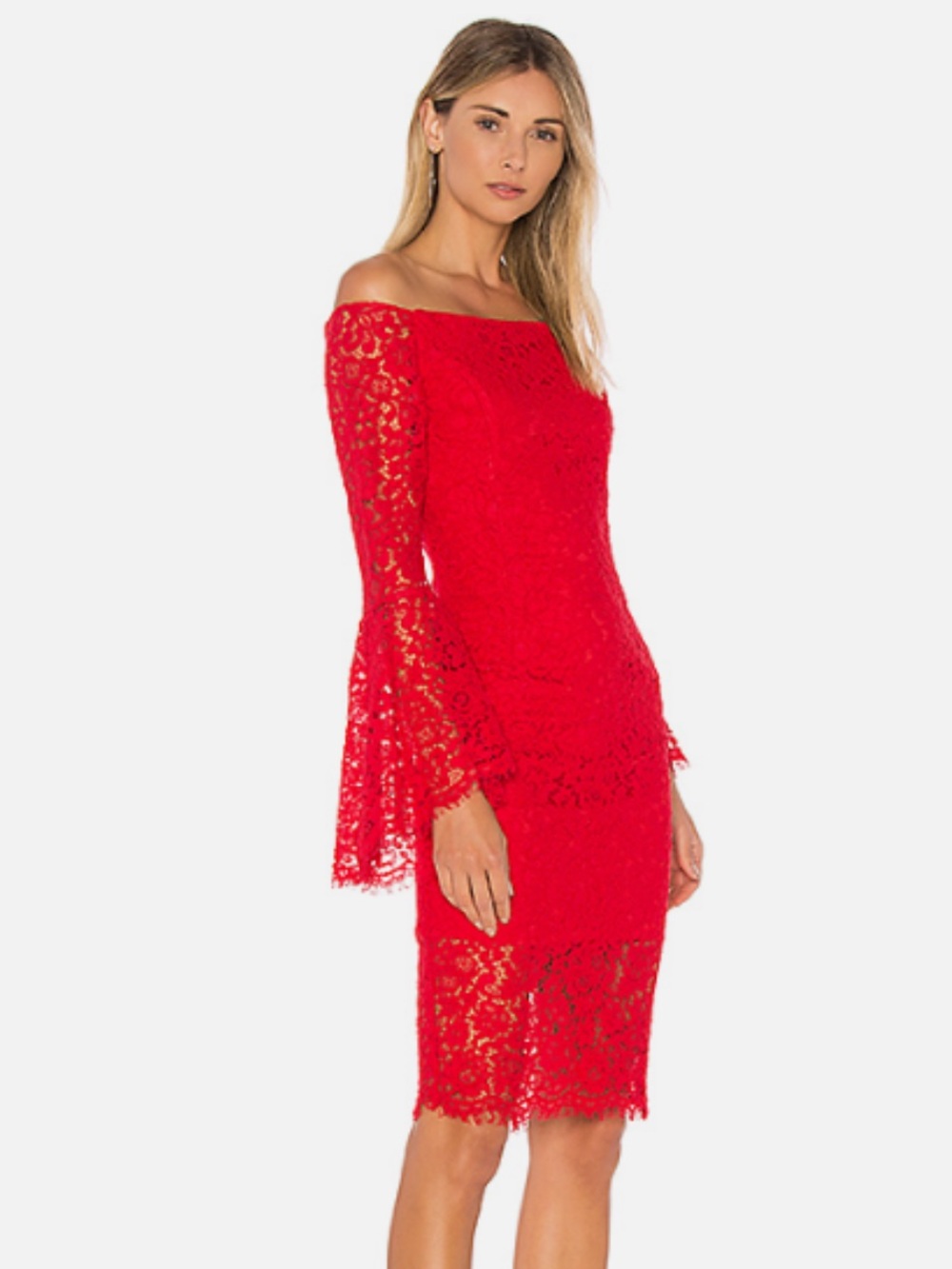 REVOLVE Solange Red Lace Off-Shoulder Midi Dress